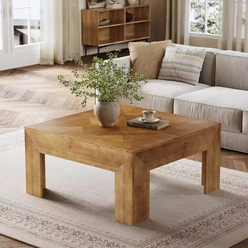 Lantine 39.4 Table basse en bois massif avec plateau incrusté complexe et pieds robustes, tables centrales rustiques pour salon, montage facile, marron