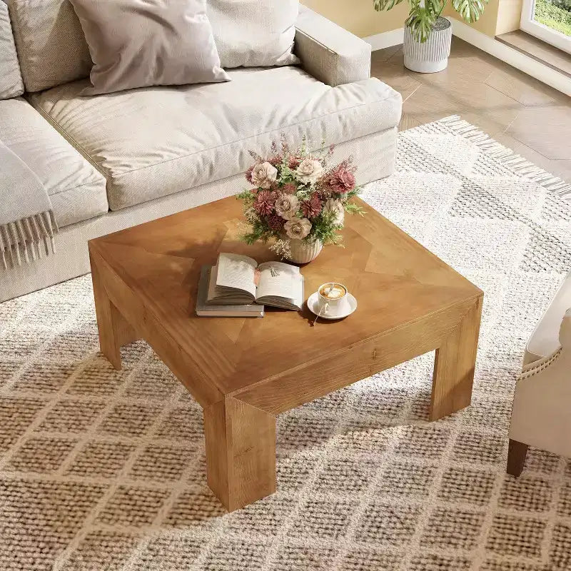 Lantine 39.4 Table basse en bois massif avec plateau incrusté complexe et pieds robustes, tables centrales rustiques pour salon, montage facile, marron