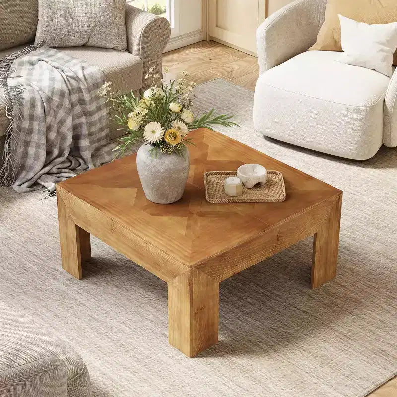 Lantine 39.4 Table basse en bois massif avec plateau incrusté complexe et pieds robustes, tables centrales rustiques pour salon, montage facile, marron