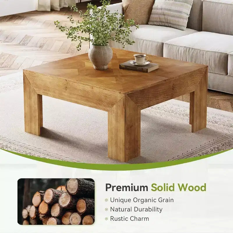 Lantine 39.4 Table basse en bois massif avec plateau incrusté complexe et pieds robustes, tables centrales rustiques pour salon, montage facile, marron