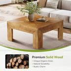 Lantine 39.4 Table basse en bois massif avec plateau incrusté complexe et pieds robustes, tables centrales rustiques pour salon, montage facile, marron