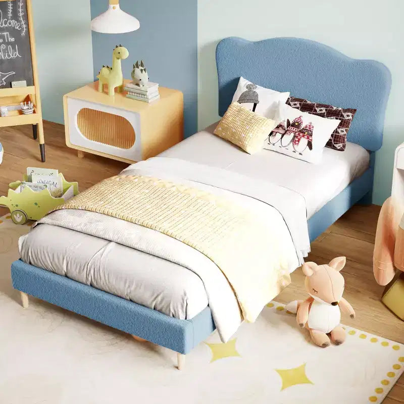 Cadre de lit rembourré pleine grandeur pour enfants, lit douillet en polaire pour filles avec tête de lit festonnée, support à lattes en bois, pas besoin de sommier.