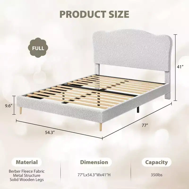 Cadre de lit rembourré pleine grandeur pour enfants, lit douillet en polaire pour filles avec tête de lit festonnée, support à lattes en bois, pas besoin de sommier.