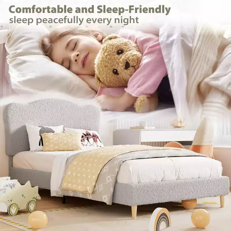 Cadre de lit rembourré pleine grandeur pour enfants, lit douillet en polaire pour filles avec tête de lit festonnée, support à lattes en bois, pas besoin de sommier.