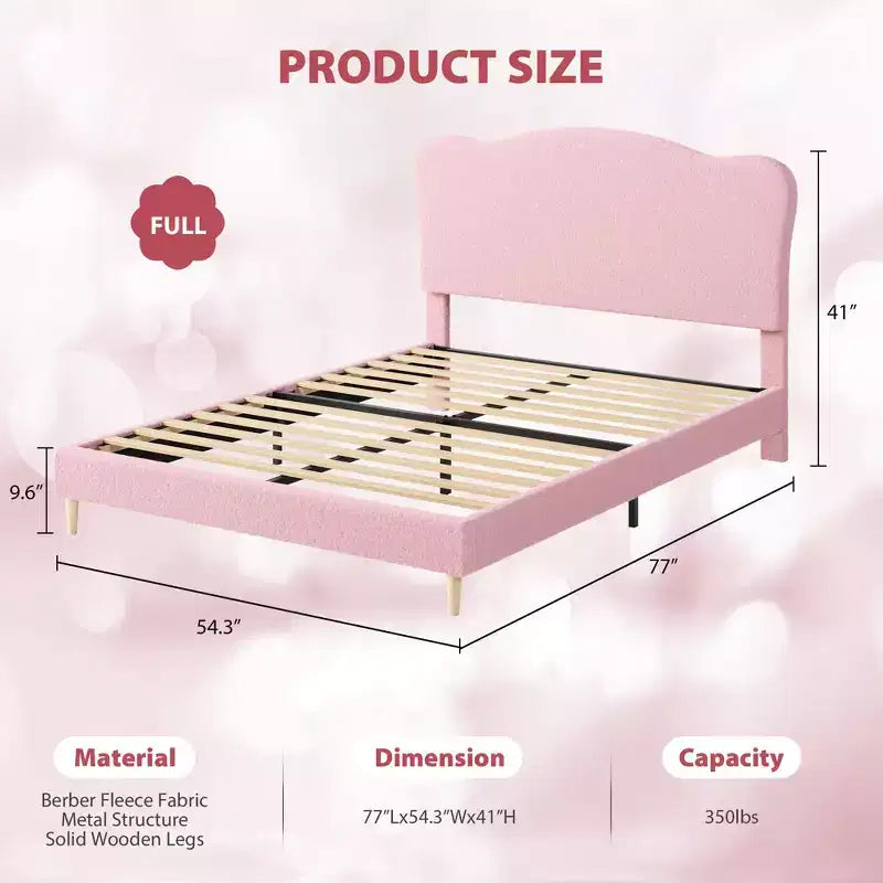Cadre de lit rembourré pleine grandeur pour enfants, lit douillet en polaire pour filles avec tête de lit festonnée, support à lattes en bois, pas besoin de sommier.