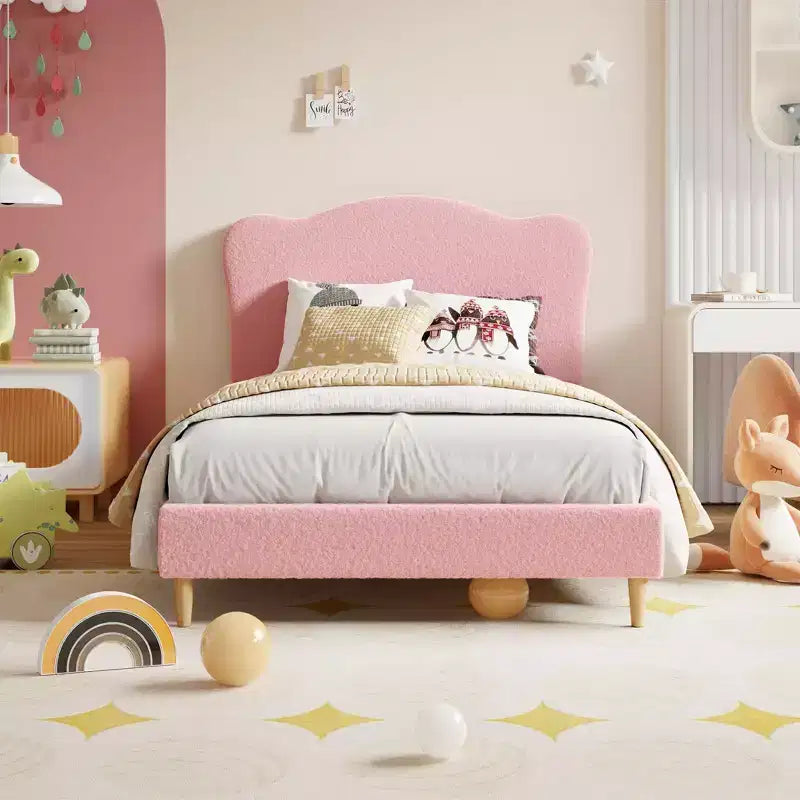 Cadre de lit rembourré pleine grandeur pour enfants, lit douillet en polaire pour filles avec tête de lit festonnée, support à lattes en bois, pas besoin de sommier.
