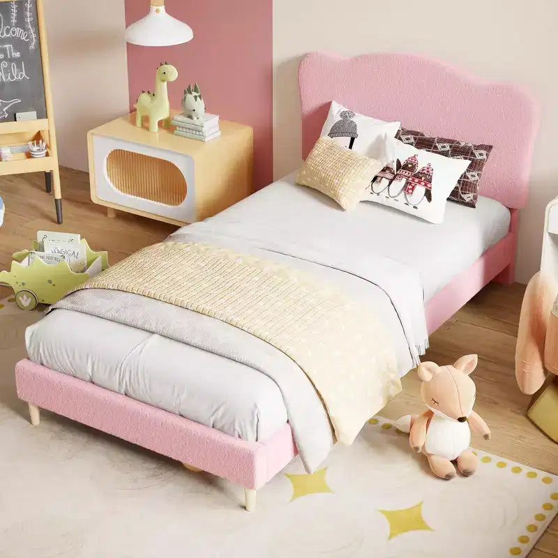 Cadre de lit rembourré pleine grandeur pour enfants, lit douillet en polaire pour filles avec tête de lit festonnée, support à lattes en bois, pas besoin de sommier.
