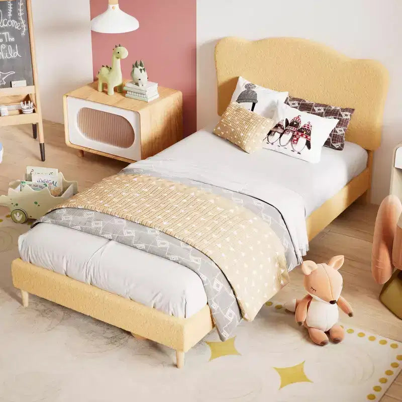 Cadre de lit rembourré pleine grandeur pour enfants, lit douillet en polaire pour filles avec tête de lit festonnée, support à lattes en bois, pas besoin de sommier.