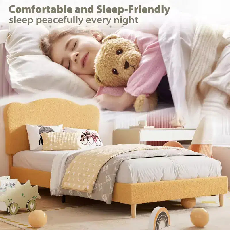 Cadre de lit rembourré pleine grandeur pour enfants, lit douillet en polaire pour filles avec tête de lit festonnée, support à lattes en bois, pas besoin de sommier.