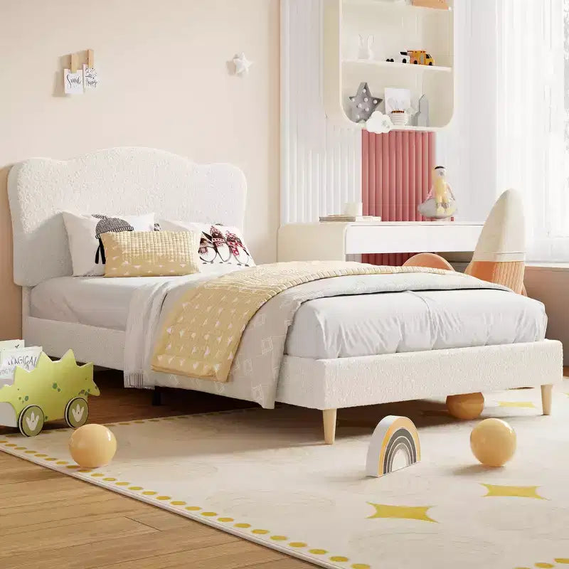 Full Size Upholstered Bed Frame for Kids, Dreamy Fleece Girls Bed with Scallop Headboard, Wooden Slats Support, No Box Spring Needed