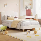 Full Size Upholstered Bed Frame for Kids, Dreamy Fleece Girls Bed with Scallop Headboard, Wooden Slats Support, No Box Spring Needed