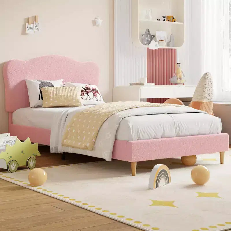 Cadre de lit rembourré pleine grandeur pour enfants, lit douillet en polaire pour filles avec tête de lit festonnée, support à lattes en bois, pas besoin de sommier.