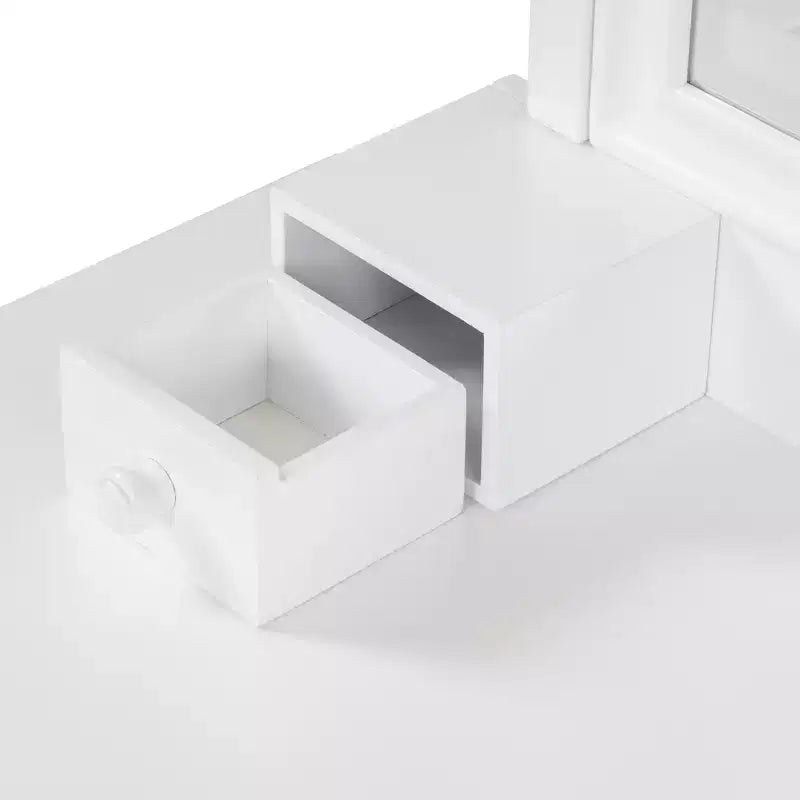 Coiffeuse minimaliste de 44,4 pouces avec miroir, 5 tiroirs, armoire latérale et tabouret assorti pour chambre à coucher, finition blanche