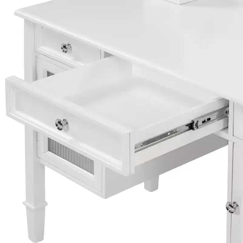 Coiffeuse minimaliste de 44,4 pouces avec miroir, 5 tiroirs, armoire latérale et tabouret assorti pour chambre à coucher, finition blanche