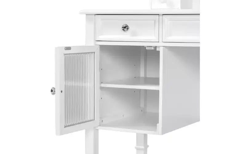 Coiffeuse minimaliste de 44,4 pouces avec miroir, 5 tiroirs, armoire latérale et tabouret assorti pour chambre à coucher, finition blanche