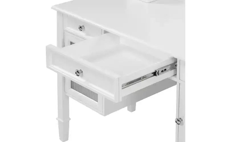 Coiffeuse minimaliste de 44,4 pouces avec miroir, 5 tiroirs, armoire latérale et tabouret assorti pour chambre à coucher, finition blanche