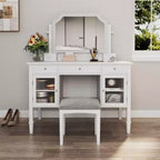 Coiffeuse minimaliste de 44,4 pouces avec miroir, 5 tiroirs, armoire latérale et tabouret assorti pour chambre à coucher, finition blanche