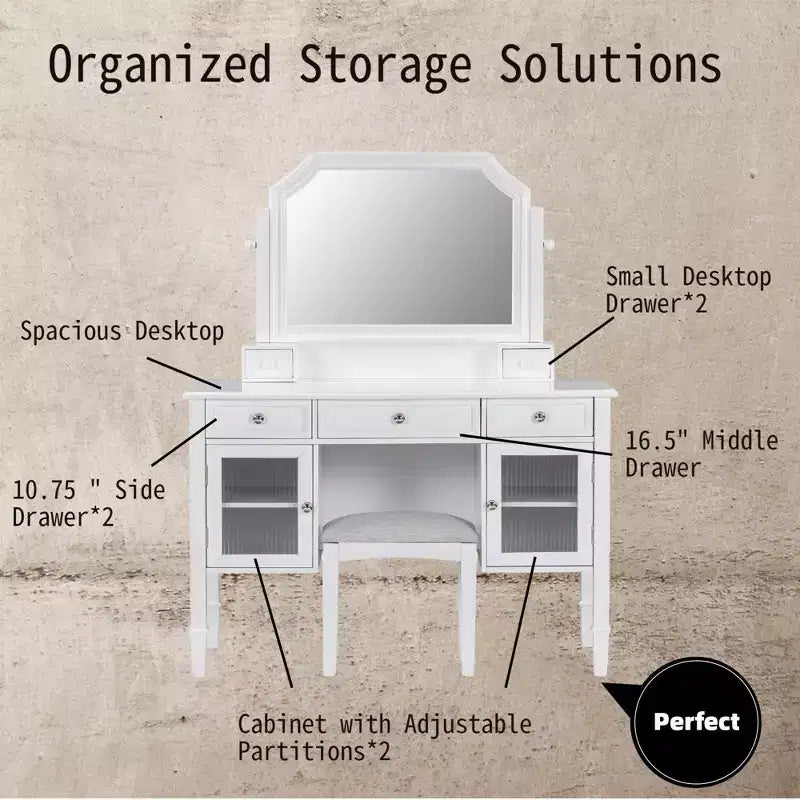 Coiffeuse minimaliste de 44,4 pouces avec miroir, 5 tiroirs, armoire latérale et tabouret assorti pour chambre à coucher, finition blanche