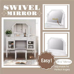 Coiffeuse minimaliste de 44,4 pouces avec miroir, 5 tiroirs, armoire latérale et tabouret assorti pour chambre à coucher, finition blanche