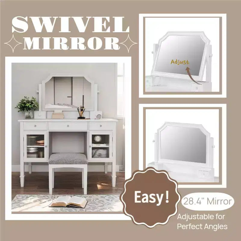 Coiffeuse minimaliste de 44,4 pouces avec miroir, 5 tiroirs, armoire latérale et tabouret assorti pour chambre à coucher, finition blanche