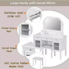 Coiffeuse minimaliste de 44,4 pouces avec miroir, 5 tiroirs, armoire latérale et tabouret assorti pour chambre à coucher, finition blanche