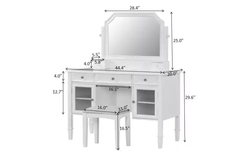 Coiffeuse minimaliste de 44,4 pouces avec miroir, 5 tiroirs, armoire latérale et tabouret assorti pour chambre à coucher, finition blanche