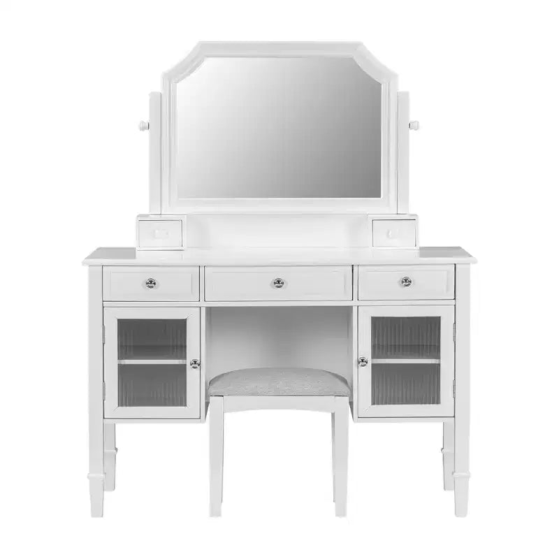 Coiffeuse minimaliste de 44,4 pouces avec miroir, 5 tiroirs, armoire latérale et tabouret assorti pour chambre à coucher, finition blanche