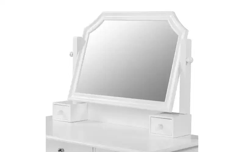 Coiffeuse minimaliste de 44,4 pouces avec miroir, 5 tiroirs, armoire latérale et tabouret assorti pour chambre à coucher, finition blanche