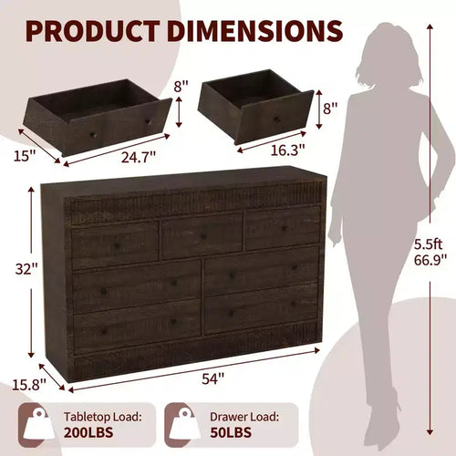 Commode à 7 tiroirs pour chambre à coucher, 137 cm de large, en bois, organiseur de rangement de style Mid-Century moderne, meuble TV de style ferme pour entrée