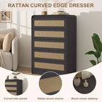 Commode 5 tiroirs pour chambre à coucher, commode moderne en rotin, commode moderne avec poignée en métal, commode en bois meuble TV pour chambre à coucher