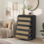 Commode 5 tiroirs pour chambre à coucher, commode moderne en rotin, commode moderne avec poignée en métal, commode en bois meuble TV pour chambre à coucher
