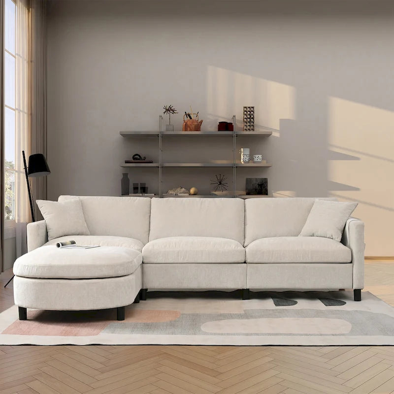 Canapé d'angle spacieux 4 places beige 107,87 avec pouf mobile, coussins amovibles et rangement pratique dans les accoudoirs