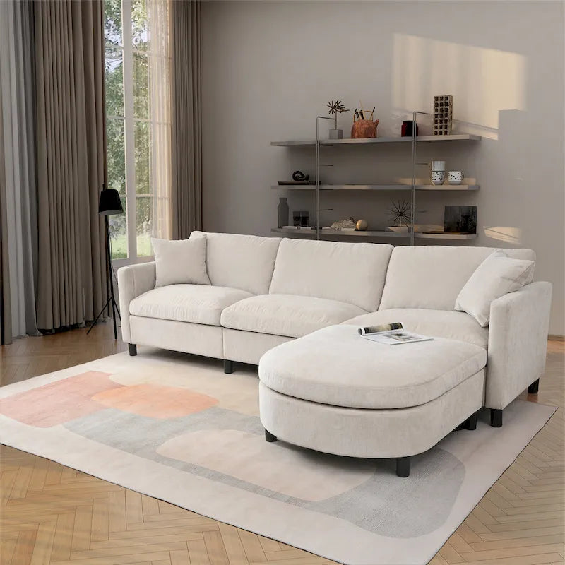 Canapé d'angle spacieux 4 places beige 107,87 avec pouf mobile, coussins amovibles et rangement pratique dans les accoudoirs