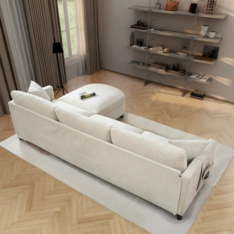 Canapé d'angle spacieux 4 places beige 107,87 avec pouf mobile, coussins amovibles et rangement pratique dans les accoudoirs