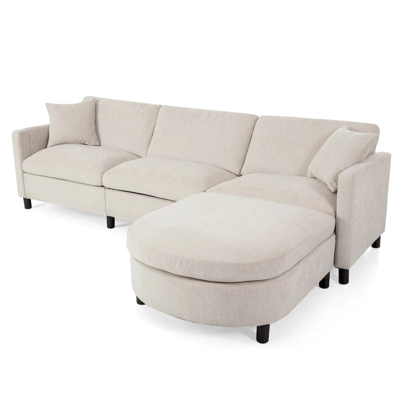 Canapé d'angle spacieux 4 places beige 107,87 avec pouf mobile, coussins amovibles et rangement pratique dans les accoudoirs