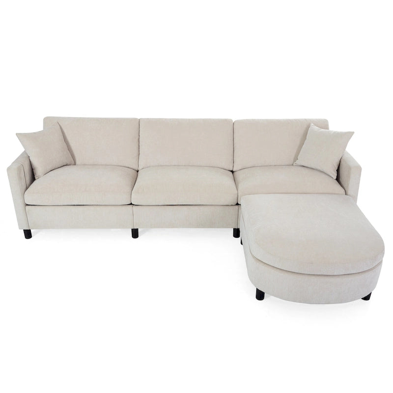 Canapé d'angle spacieux 4 places beige 107,87 avec pouf mobile, coussins amovibles et rangement pratique dans les accoudoirs
