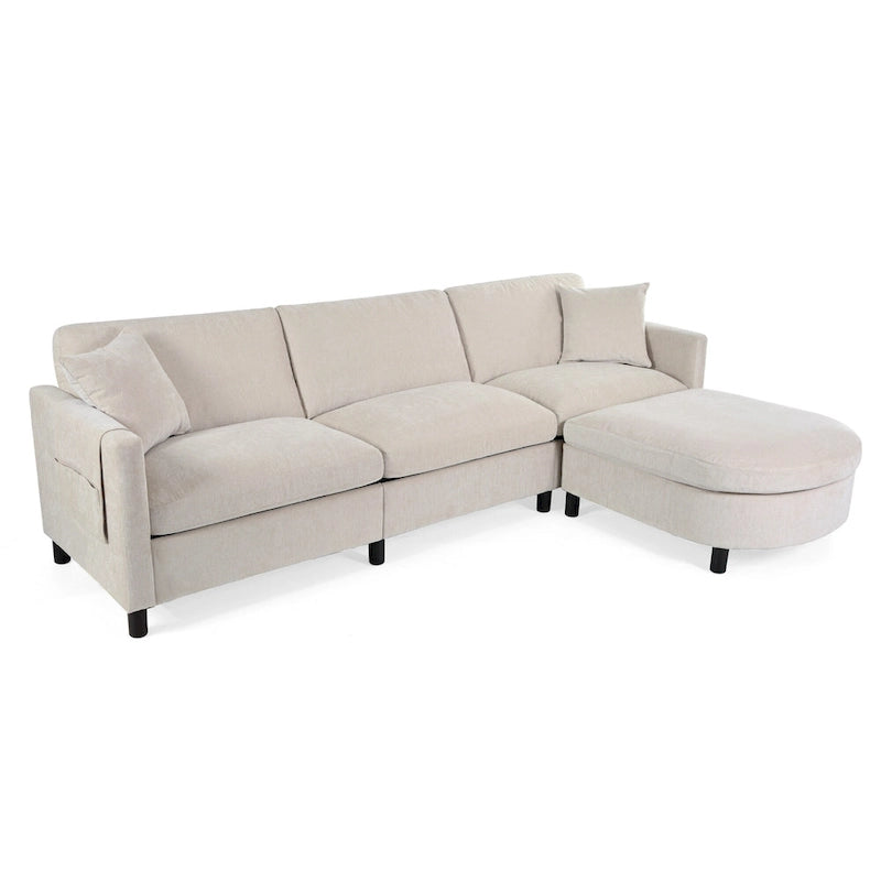 Canapé d'angle spacieux 4 places beige 107,87 avec pouf mobile, coussins amovibles et rangement pratique dans les accoudoirs