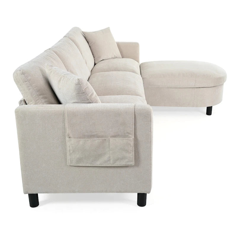 Canapé d'angle spacieux 4 places beige 107,87 avec pouf mobile, coussins amovibles et rangement pratique dans les accoudoirs