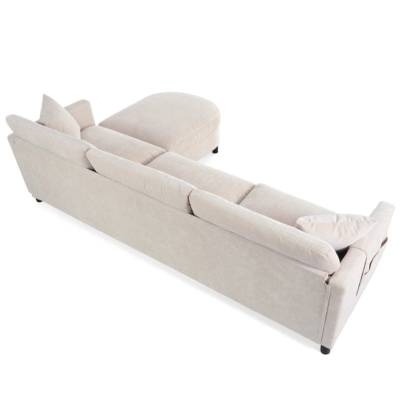 Canapé d'angle spacieux 4 places beige 107,87 avec pouf mobile, coussins amovibles et rangement pratique dans les accoudoirs