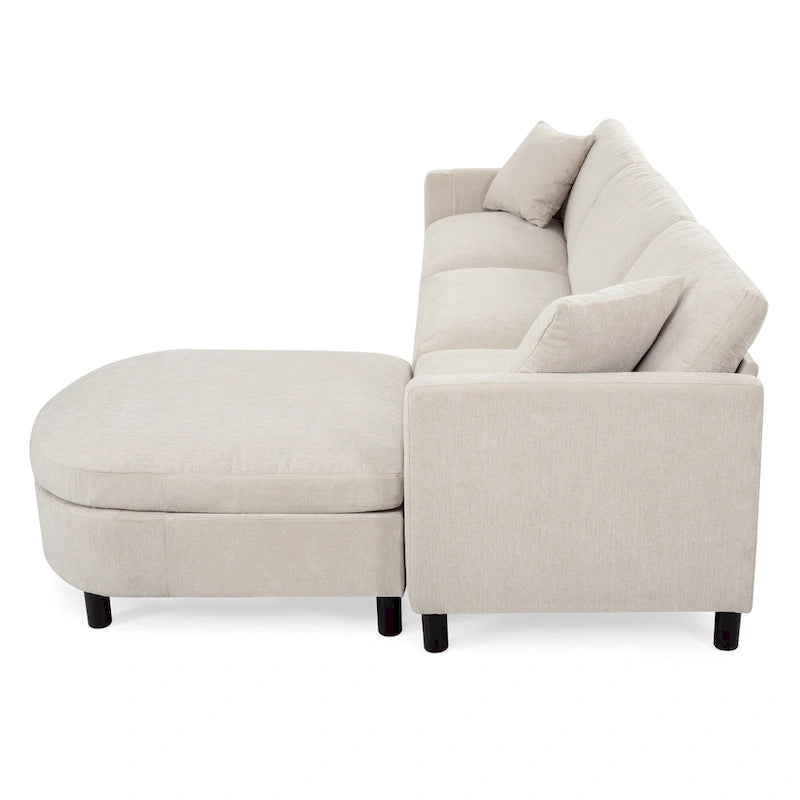 Canapé d'angle spacieux 4 places beige 107,87 avec pouf mobile, coussins amovibles et rangement pratique dans les accoudoirs