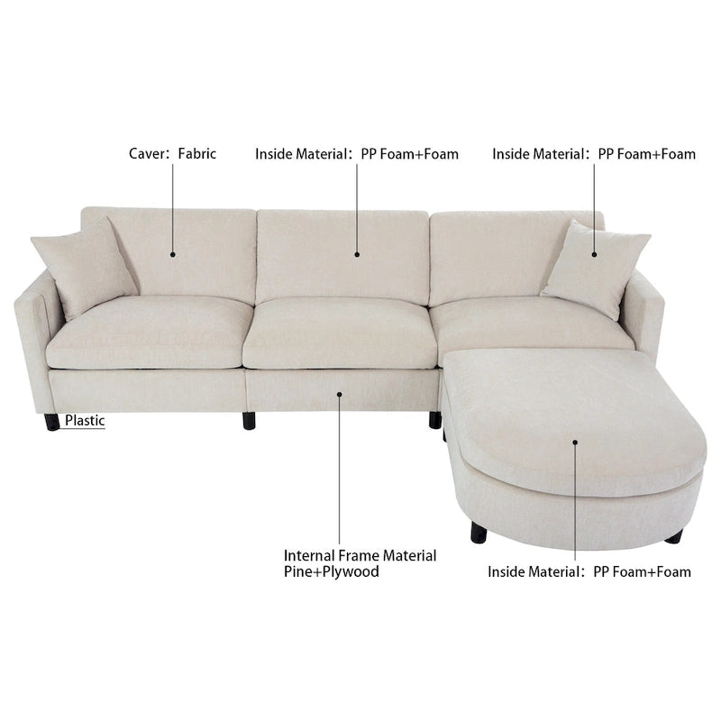 Canapé d'angle spacieux 4 places beige 107,87 avec pouf mobile, coussins amovibles et rangement pratique dans les accoudoirs