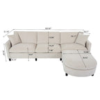 Canapé d'angle spacieux 4 places beige 107,87 avec pouf mobile, coussins amovibles et rangement pratique dans les accoudoirs