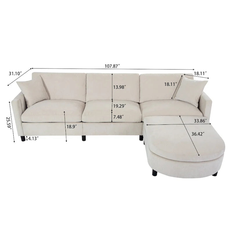 Canapé d'angle spacieux 4 places beige 107,87 avec pouf mobile, coussins amovibles et rangement pratique dans les accoudoirs