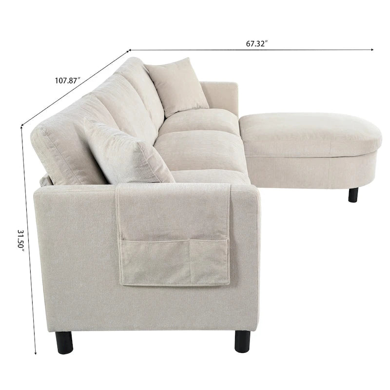 Canapé d'angle spacieux 4 places beige 107,87 avec pouf mobile, coussins amovibles et rangement pratique dans les accoudoirs