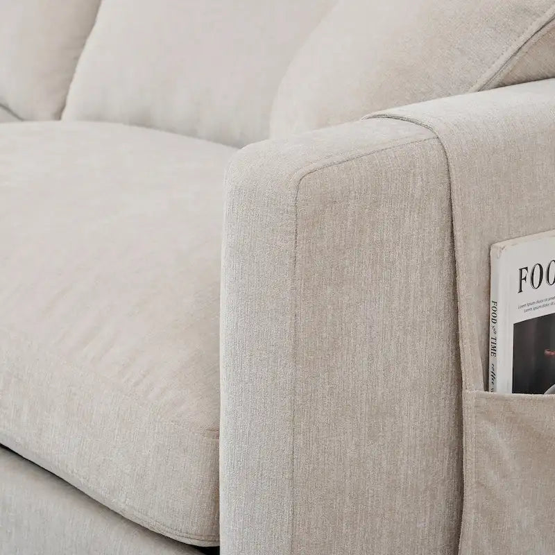 Canapé d'angle spacieux 4 places beige 107,87 avec pouf mobile, coussins amovibles et rangement pratique dans les accoudoirs