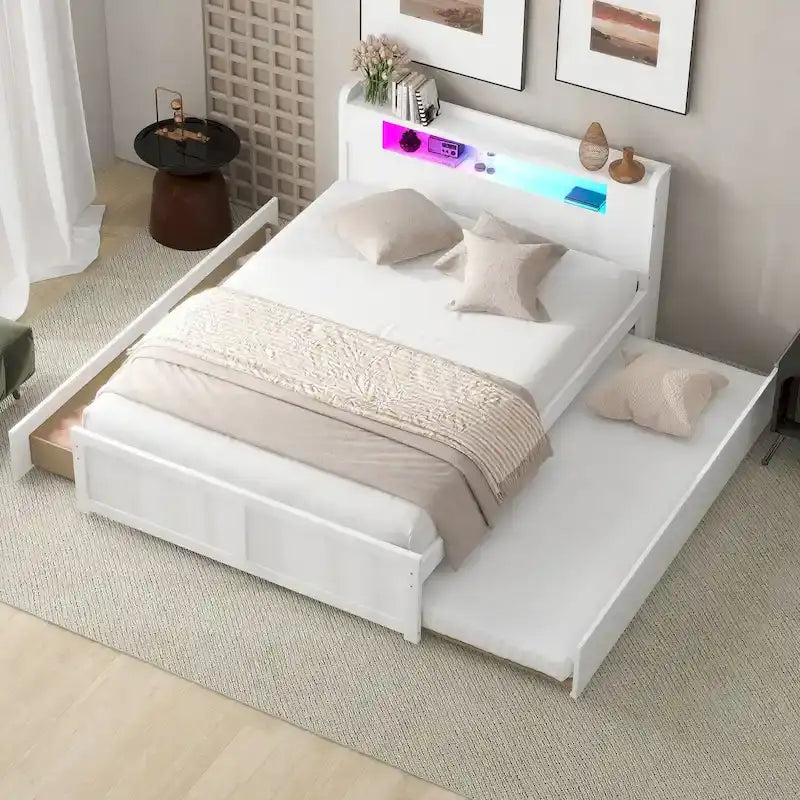 Lit plate-forme Queen Size avec lumières LED et lit gigogne, cadre de lit de rangement en bois avec étagère de tête de lit et 2 tiroirs pour enfants, adolescents et adultes