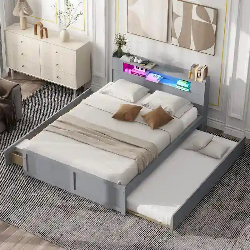 Queen Size Platform Bed with LED Lights & Trundle, Wood Storage Bed Frame with Headboard Shelf & 2 Drawers for Kids Teens Adults