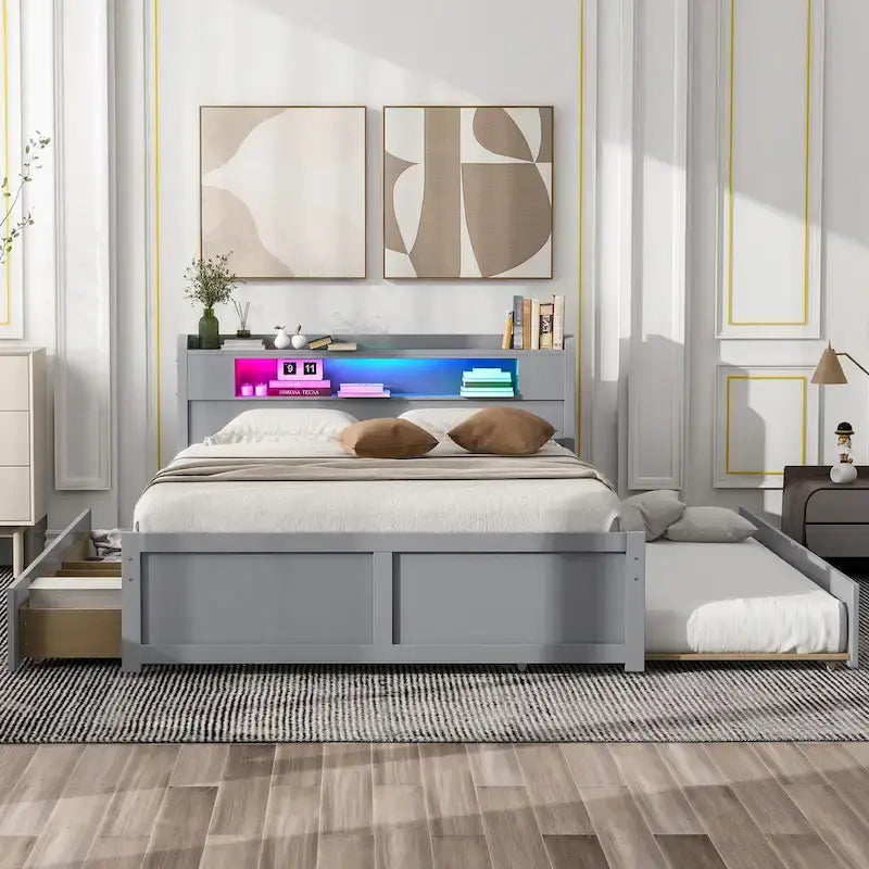 Lit plate-forme Queen Size avec lumières LED et lit gigogne, cadre de lit de rangement en bois avec étagère de tête de lit et 2 tiroirs pour enfants, adolescents et adultes