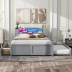 Lit plate-forme Queen Size avec lumières LED et lit gigogne, cadre de lit de rangement en bois avec étagère de tête de lit et 2 tiroirs pour enfants, adolescents et adultes