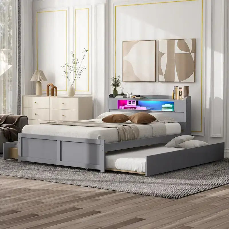 Lit plate-forme Queen Size avec lumières LED et lit gigogne, cadre de lit de rangement en bois avec étagère de tête de lit et 2 tiroirs pour enfants, adolescents et adultes